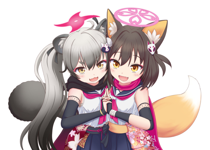 2girls :d animal_ears black_gloves black_hair black_scarf black_skirt blue_archive commentary_request depaken elbow_gloves eyeshadow fingerless_gloves fox_ears fox_girl fox_hair_ornament fox_tail gloves gradient_hair grey_hair hadanugi_dousa hair_between_eyes hair_ornament halo holding_hands interlocked_fingers izuna_(blue_archive) japanese_clothes kuji-in long_hair long_sleeves looking_at_viewer makeup medium_hair michiru_(blue_archive) multicolored_hair multiple_girls ninja one_side_up pleated_skirt pom_pom_(clothes) pom_pom_hair_ornament raccoon_girl raccoon_hair_ornament raccoon_tail red_eyeshadow red_scarf rope scarf school_uniform serafuku shimenawa sidelocks simple_background skirt sleeveless smile tail thick_eyebrows twintails two-tone_hair white_background wide_sleeves yellow_eyes
