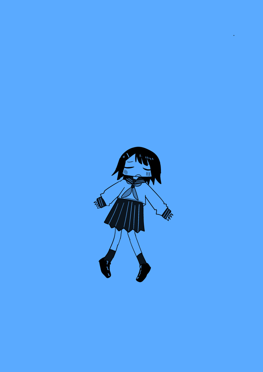 1girl absurdres blue_theme blush chibi closed_eyes facing_viewer full_body hair_ornament hairclip highres loafers monochrome neckerchief open_mouth original outstretched_arms pigeon-toed pleated_skirt school_uniform serafuku shii595 shoes short_hair skirt sleeves_past_wrists solo spread_arms wide_shot