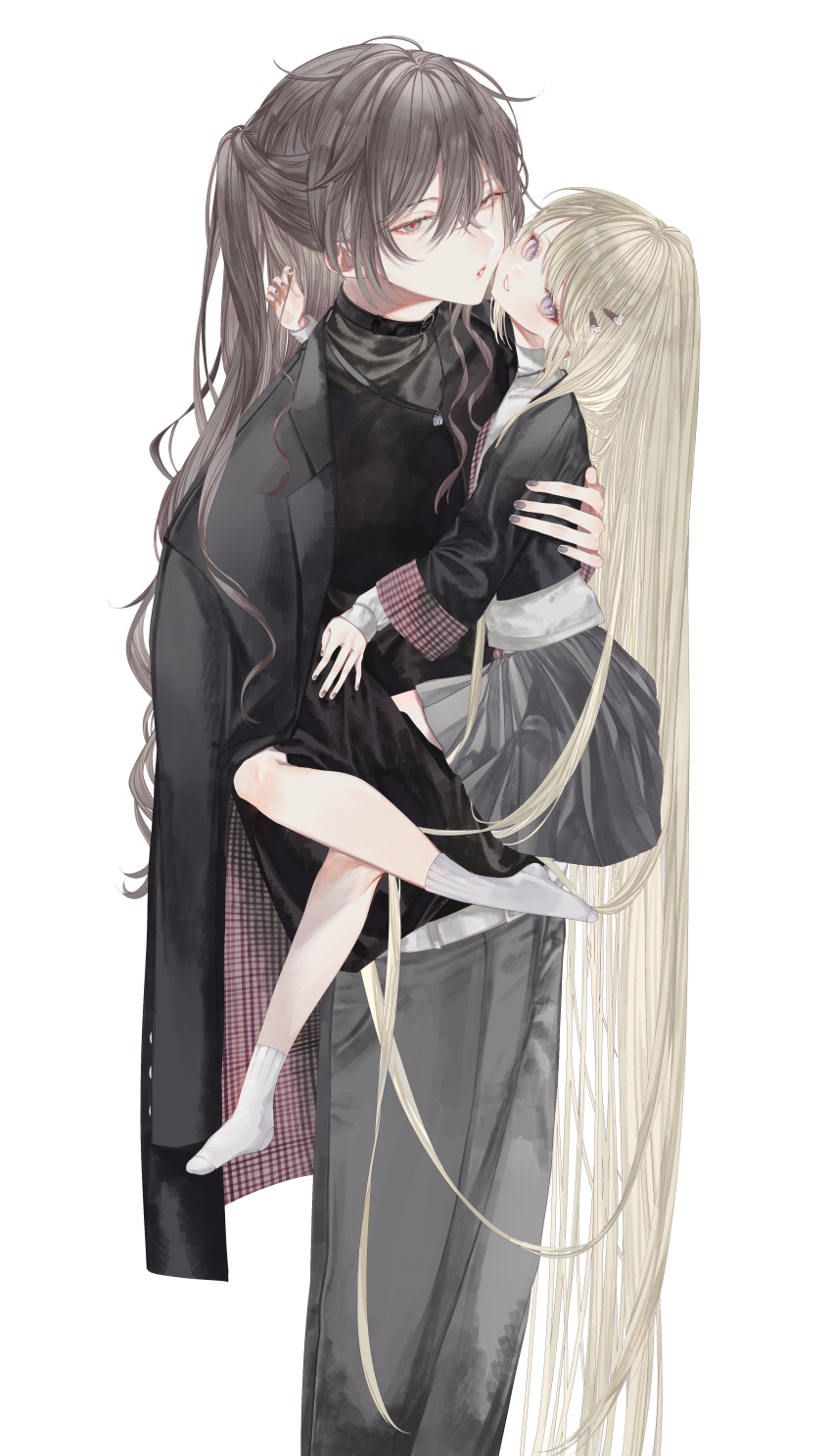 1boy 1girl absurdly_long_hair absurdres age_difference bishounen black_jacket black_nails black_shirt blonde_hair couple face-to-face feet_out_of_frame grey_eyes grey_hair grey_pants grey_skirt hair_between_eyes hair_ornament hairclip half_updo hetero highres jacket jacket_on_shoulders lifting_person long_hair looking_at_viewer msa_(fary_white) original pants red_pupils shirt simple_background skirt slit_pupils smile socks very_long_hair violet_eyes white_background white_socks