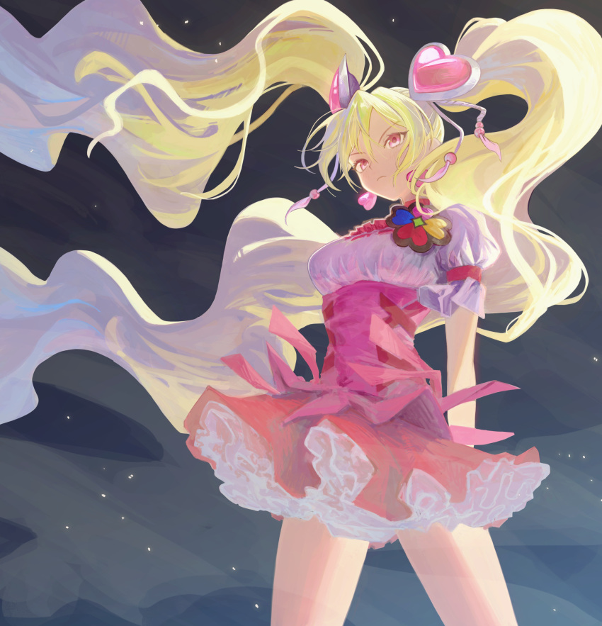 1girl arms_at_sides blonde_hair breasts cowboy_shot cure_peach determined dress earrings ffgghhjj fresh_precure! frilled_dress frills frown hair_ornament heart heart_earrings heart_hair_ornament highres jewelry long_hair looking_at_viewer magical_girl medium_breasts momozono_love night night_sky orange_eyes pink_corset pink_dress precure puffy_short_sleeves puffy_sleeves short_dress short_sleeves sky solo standing thighs twintails two-tone_dress underskirt very_long_hair