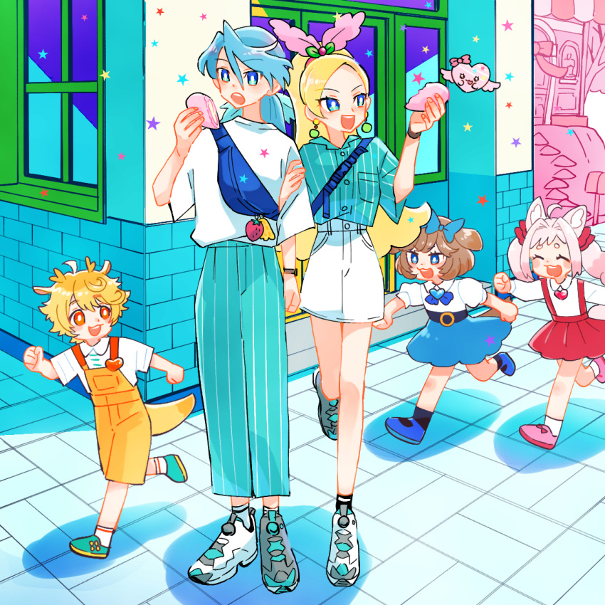 2boys 3girls blonde_hair blue_hair bow brick brother_and_sister brown_hair delicious_party_precure dragon_tail dress fanny_pack hair_bow heart kirahoshi_ciel kirakira_precure_a_la_mode kome-kome_(precure)_(human) mem-mem_(precure)_(human) monster_rally multiple_boys multiple_girls overalls pam-pam_(precure)_(human) pikario_(precure) pinafore_dress pink_hair precure running shoes siblings skirt sleeveless sleeveless_dress sneakers tail wings