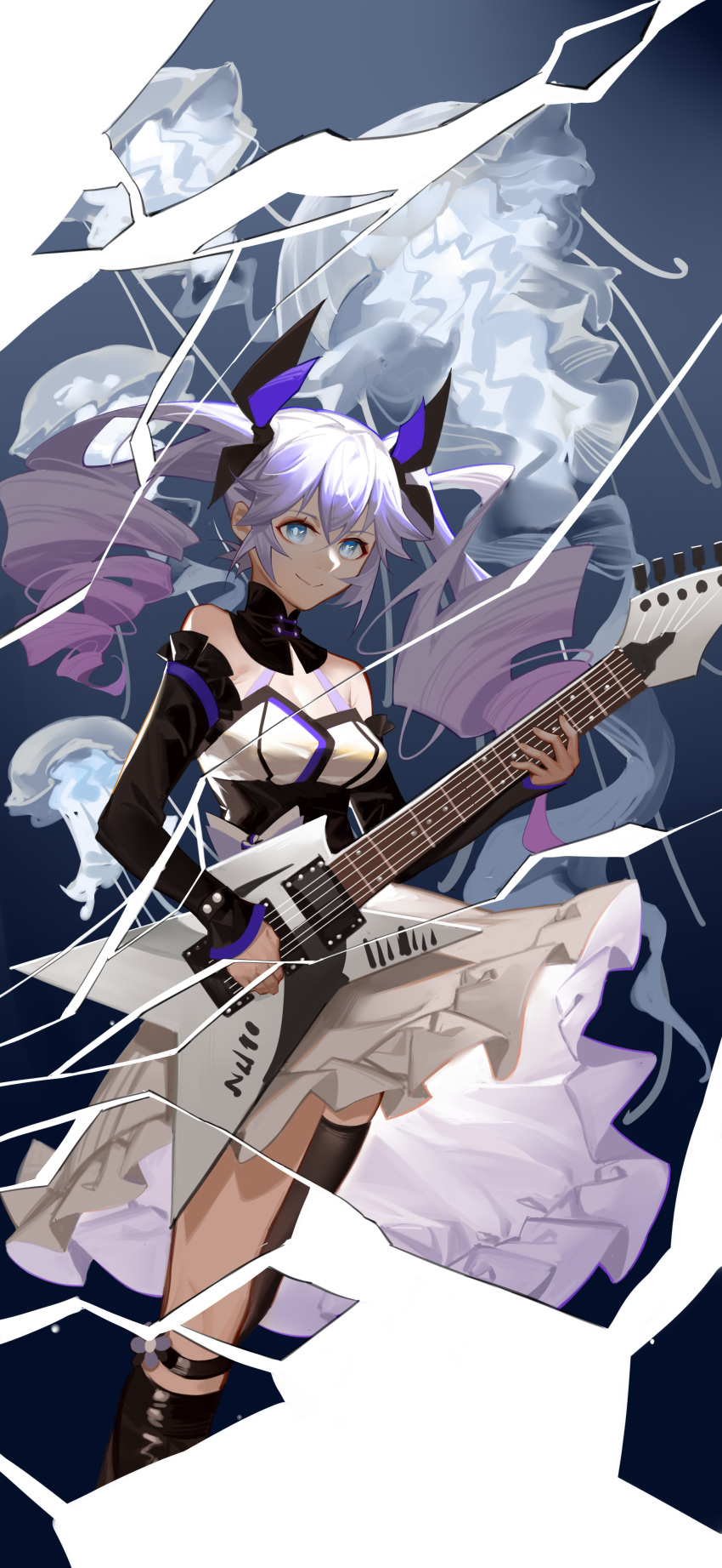 1girl 2486130 a-soul absurdres asymmetrical_legwear ava_(a-soul) bare_shoulders black_sleeves blue_eyes breasts closed_mouth detached_sleeves dress drill_hair guitar hair_ribbon highres holding holding_instrument instrument long_hair long_sleeves ribbon small_breasts twin_drills virtual_youtuber white_dress