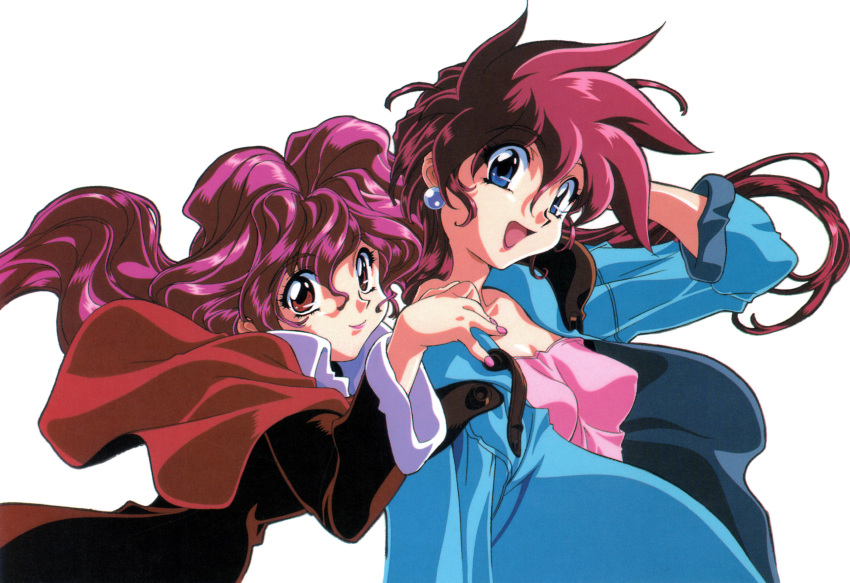 1990s_(style) 2girls arm_up bakuretsu_hunters blue_eyes chocolate_misu earrings floating_hair gotou_keiji hand_on_another's_shoulder highres jewelry long_hair long_sleeves multiple_girls nail_polish non-web_source open_mouth photoshop_(medium) pink_hair pink_nails red_eyes redhead retro_artstyle scan siblings simple_background sisters smile tira_misu white_background