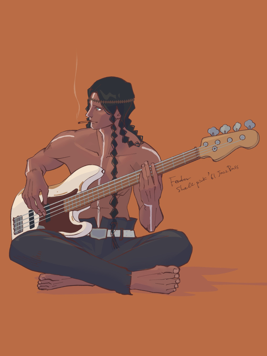 1boy absurdres barefoot belt black_hair black_pants blue_eyes bodypaint braid brown_background cigarette dark_skin electric_guitar english_text fate/grand_order fate_(series) geronimo_(fate) guitar gunojigunoji headband highres holding holding_instrument indian_style instrument long_hair looking_to_the_side male_focus native_american navel pants profile simple_background sitting smile smoke smoking solo topless_male very_long_hair white_belt