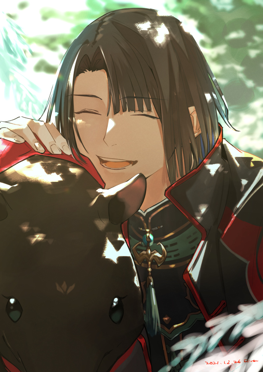 1boy asymmetrical_bangs black_coat black_eyes black_hair blurry blurry_background changpao chinese_clothes closed_eyes coat curtained_hair fate/grand_order fate_(series) highres long_hair looking_at_viewer male_focus outdoors serisawa signature smile solo tai_gong_wang_(fate) tapir upper_body
