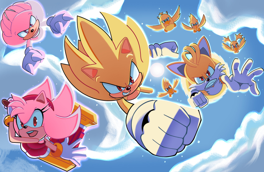 absurdres amy_rose bird blue_sky bluearcher69 clenched_hand clouds furry furry_female furry_male gloves hammer headband highres holding holding_weapon knuckles_the_echidna open_mouth sky smile smug sonic_(series) sonic_the_hedgehog sun super_amy_rose super_knuckles super_sonic super_tails tails_(sonic) weapon white_gloves