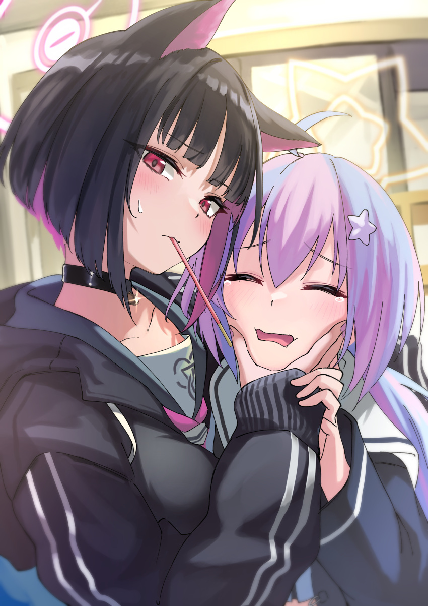 2girls absurdres ahoge animal_ears black_choker black_hair black_jacket blue_archive blue_hair blurry blurry_background blush choker closed_mouth colored_inner_hair commentary_request hair_ornament halo hand_on_another's_face highres jacket kazusa_(blue_archive) kuro_shiraga long_sleeves looking_at_viewer mouth_hold multicolored_hair multiple_girls pink_hair red_eyes reisa_(blue_archive) school_uniform serafuku short_hair star_(symbol) star_hair_ornament sweatdrop tears two-tone_hair