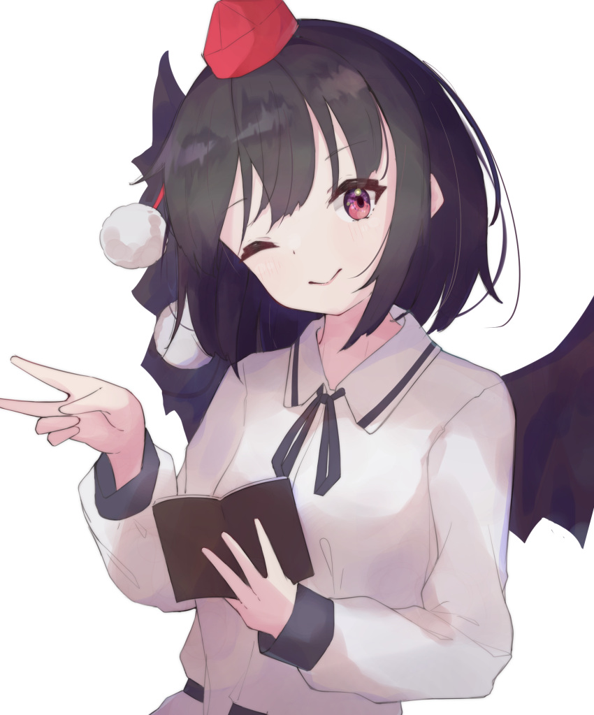 1girl ;) absurdres bird_wings black_headwear black_wings closed_mouth collared_shirt commentary_request hat highres holding holding_notebook long_sleeves looking_at_viewer matcha_yado notebook one_eye_closed red_eyes red_headwear shameimaru_aya shirt simple_background sky smile solo tokin_hat touhou upper_body white_background white_shirt wings