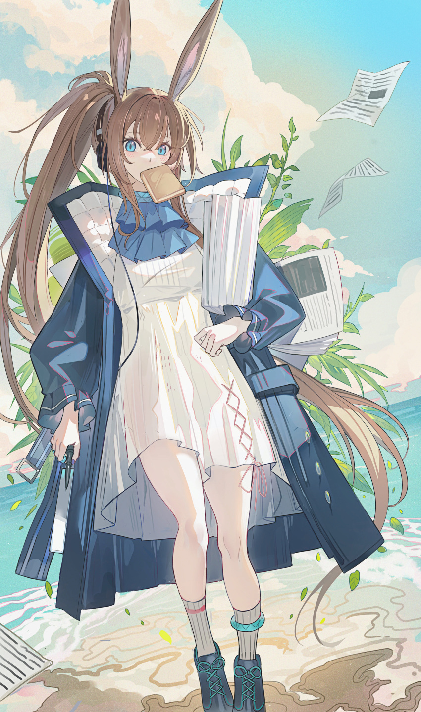 1girl absurdly_long_hair absurdres amiya_(arknights) amiya_(newsgirl)_(arknights) animal_ears arknights ascot blue_ascot blue_coat blue_eyes blue_footwear blue_sky brown_hair clouds coat commentary_request cross-laced_footwear dress dutch_angle echj flying_paper full_body hair_between_eyes headphones highres holding holding_newspaper leaf long_hair long_sleeves looking_at_viewer mouth_hold newspaper official_alternate_costume open_clothes open_coat outdoors paper paper_stack plant ponytail rabbit_ears rabbit_girl sky socks solo very_long_hair water white_dress white_socks