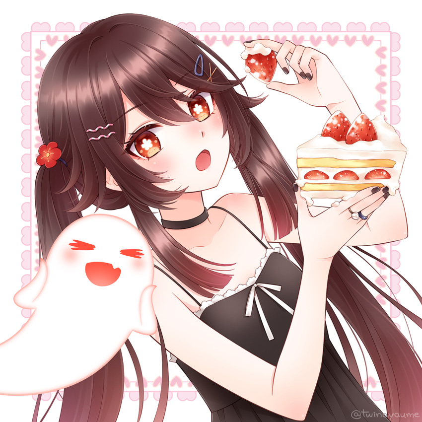 1girl alternate_costume black_dress boo_tao_(genshin_impact) brown_hair cake dress food fruit genshin_impact hair_ornament handprint highres holding holding_cake holding_food holding_fruit hu_tao_(genshin_impact) long_hair open_mouth red_eyes strawberry symbol-shaped_pupils twinayaume twintails very_long_hair