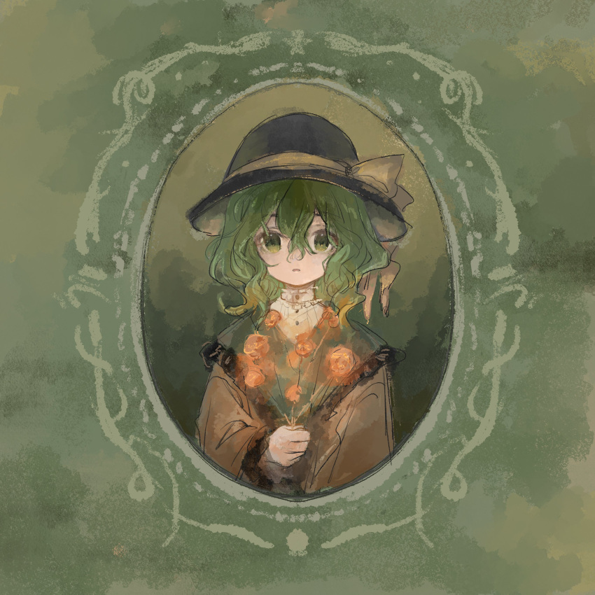 1girl 80isiiii absurdres black_headwear bouquet buttons collared_shirt flower frilled_shirt_collar frills green_background green_eyes green_hair hair_between_eyes hand_up hat hat_ribbon high_collar highres holding holding_bouquet holding_flower komeiji_koishi long_hair long_sleeves looking_at_viewer medium_hair open_mouth parody portrait_(object) raised_eyebrows ribbon shirt solo straight-on touhou upper_body wall white_shirt wide_sleeves yellow_ribbon