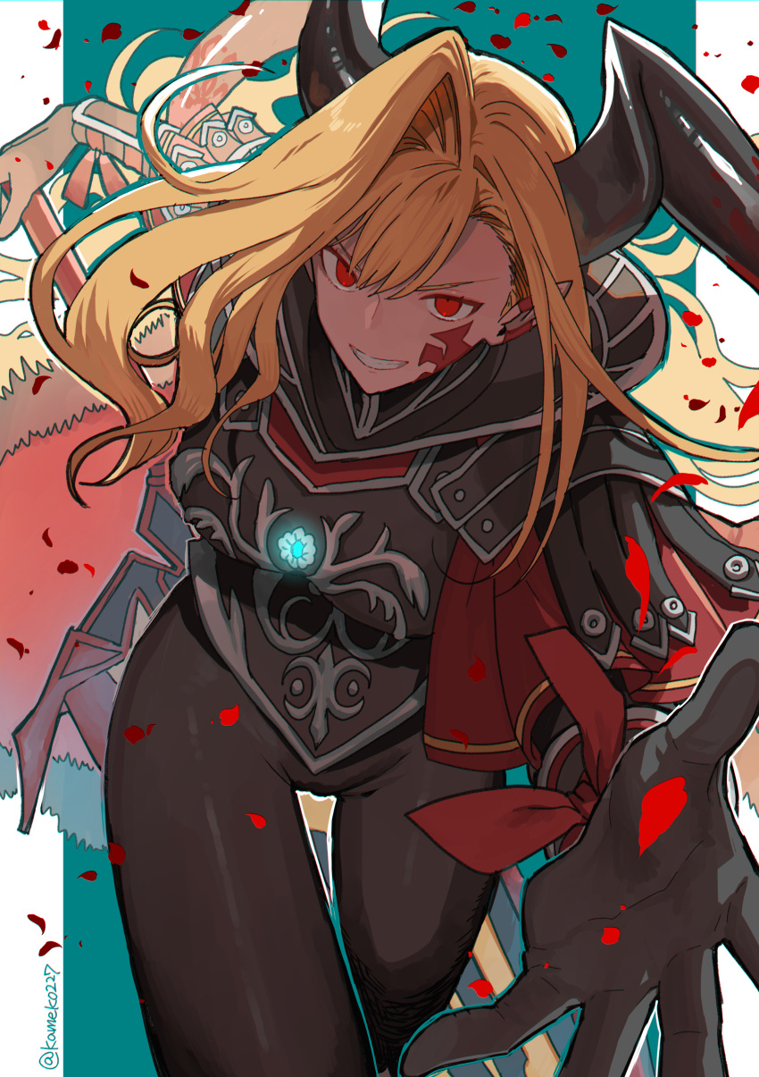 1girl absurdres armor backlighting blonde_hair cape facial_mark fate/grand_order fate_(series) fringe_trim fur_trim gloves hand_on_hilt highres horns long_hair looking_at_viewer nero_claudius_(fate) none_(kameko227) outstretched_arm pauldrons petals queen_draco_(third_ascension)_(fate) red_eyes shoulder_armor skin_tight smile solo thigh_gap