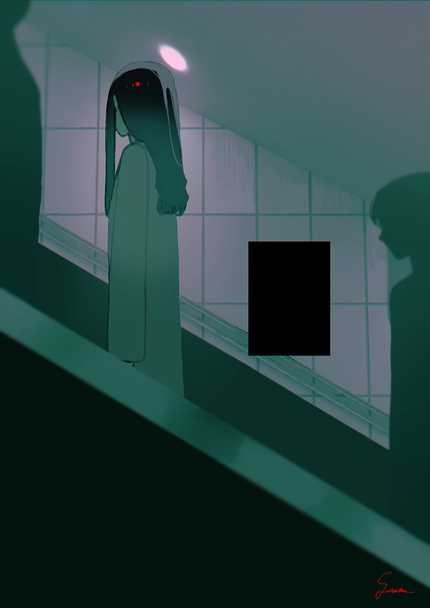 1girl absurdres black_hair from_side glowing green_theme highres indoors long_hair original rectangle reflection signature solo_focus tile_wall tiles yomiya_sateko