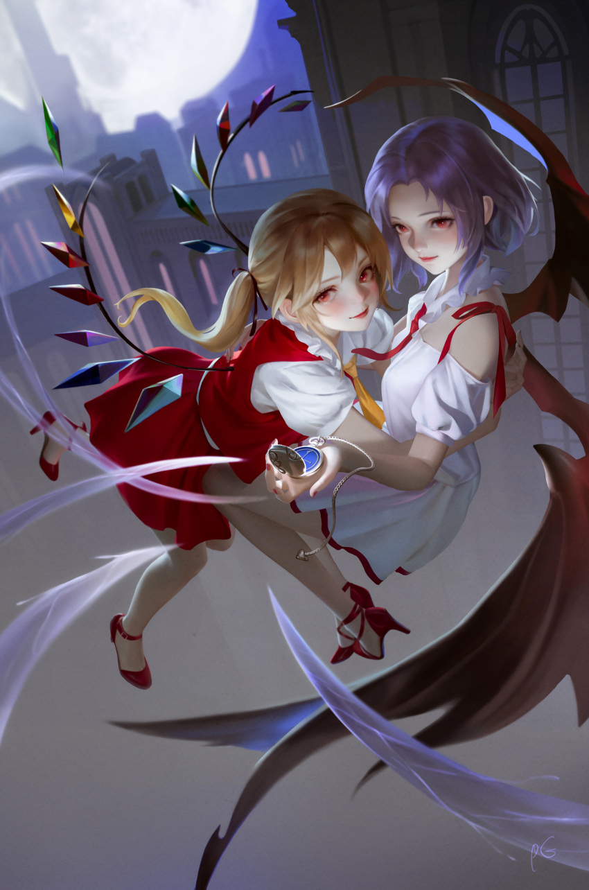 2girls absurdres adapted_costume backlighting bare_shoulders bat_wings blonde_hair blurry blush crystal depth_of_field dress flandre_scarlet forehead full_body full_moon highres holding holding_pocket_watch light_smile looking_at_viewer moon moonlight multiple_girls night night_sky no_headwear off-shoulder_dress off_shoulder perspective petite pocket_watch puffy_short_sleeves puffy_sleeves pupil_g purple_hair realistic red_eyes red_skirt red_vest remilia_scarlet short_sleeves siblings side_ponytail sidelighting sisters skirt skirt_set sky touhou underlighting vest watch white_dress wings