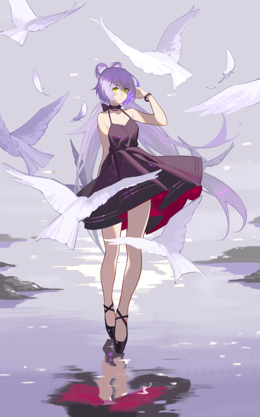 1girl 2486130 absurdres bare_shoulders black_choker black_dress bracelet choker dress feathers green_eyes highres jewelry long_hair luo_tianyi sleeveless sleeveless_dress very_long_hair violet_eyes vocaloid white_dove