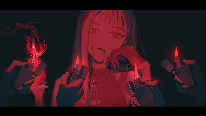 1girl black_background cigarette cup expressionless gloves hand_up highres holding holding_cup lighter long_hair monochrome mouth_hold original red_fire red_theme smoking yomiya_sateko