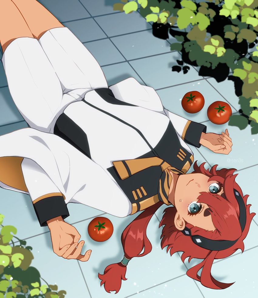 1girl ahoge asticassia_school_uniform black_hairband breasts feet_out_of_frame gold_trim grey_eyes gundam gundam_suisei_no_majo hair_between_eyes hair_tie hairband highres jacket leaf long_sleeves looking_at_viewer low_ponytail lying medium_breasts on_back redhead school_uniform sen3s short_hair_with_long_locks shorts solo suletta_mercury sweatdrop thick_eyebrows tile_floor tiles tomato w_arms white_jacket white_shorts