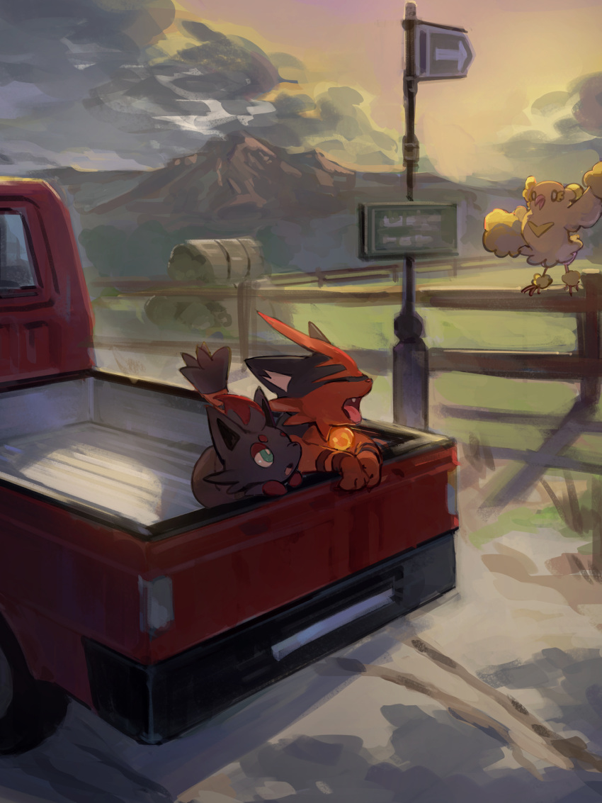 :o absurdres bright_pupils closed_eyes clouds fang fence green_eyes highres maumaujanken motor_vehicle no_humans open_mouth oricorio outdoors pickup_truck pokemon pokemon_(creature) sign sky tongue torracat truck white_pupils zorua