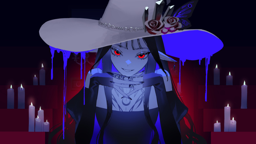 1girl absurdres bare_shoulders be_my_guest_(vocaloid) black_hair blue_hair claw_ring colored_inner_hair dripping ear_ornament grin hat head_rest highres interlocked_fingers limited_palette long_hair looking_at_viewer multicolored_hair official_art own_hands_together pointy_ears puffy_sleeves red_eyes sleeves_past_wrists smile solo upper_body witch_hat yomiya_sateko