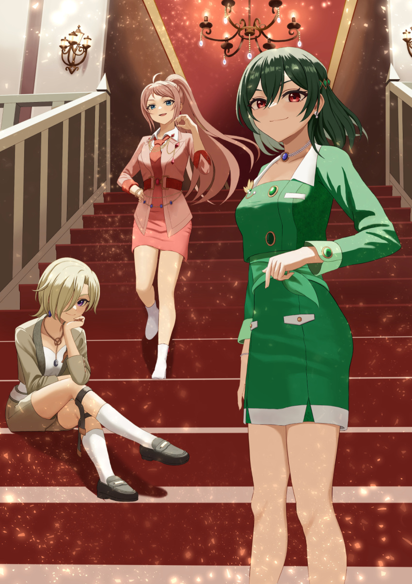 3girls ahoge belt black_footwear blonde_hair blue_eyes brown_jacket chandelier closed_mouth commentary dark_green_hair green_jacket green_skirt hair_over_one_eye hand_on_own_hip hand_up head_rest highres jacket jewelry knee_strap kneehighs light_smile loafers long_hair looking_at_viewer love_live! love_live!_nijigasaki_high_school_idol_club mifune_shioriko miniskirt multiple_girls necklace on_stairs open_clothes open_jacket open_mouth pencil_skirt pink_hair pink_jacket ponytail r3birth_(love_live!) red_belt red_eyes scone shoes short_hair sitting sitting_on_stairs skirt skirt_pocket smile socks stairs violet_eyes vroom_vroom_(love_live!) wachida_01d white_footwear white_socks wing_collar zhong_lanzhu