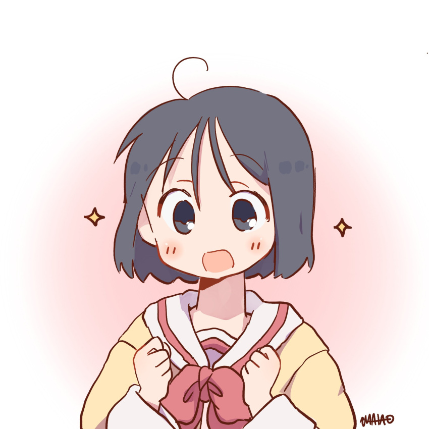 1girl ahoge artist_name black_eyes black_hair blush_stickers bow bowtie cardigan clenched_hand gradient_background hands_up highres long_sleeves looking_down nichijou open_mouth pink_background red_bow red_bowtie sailor_collar school_uniform shinonome_nano short_hair sparkle sun_visor_(mata69) surprised tokisadame_school_uniform twitter_username white_background white_sailor_collar yellow_cardigan