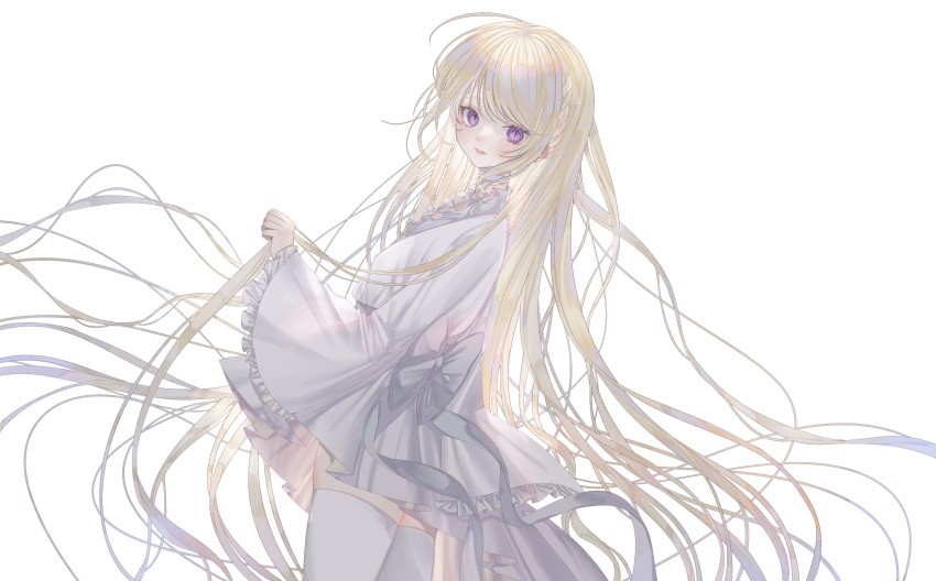 1girl absurdly_long_hair absurdres back_bow blonde_hair blush bow choker cowboy_shot floating_hair frilled_kimono frills highres japanese_clothes kimono long_hair looking_at_viewer msa_(fary_white) original short_kimono simple_background slit_pupils smile solo thigh-highs very_long_hair violet_eyes white_background white_choker white_kimono white_thighhighs wide_sleeves