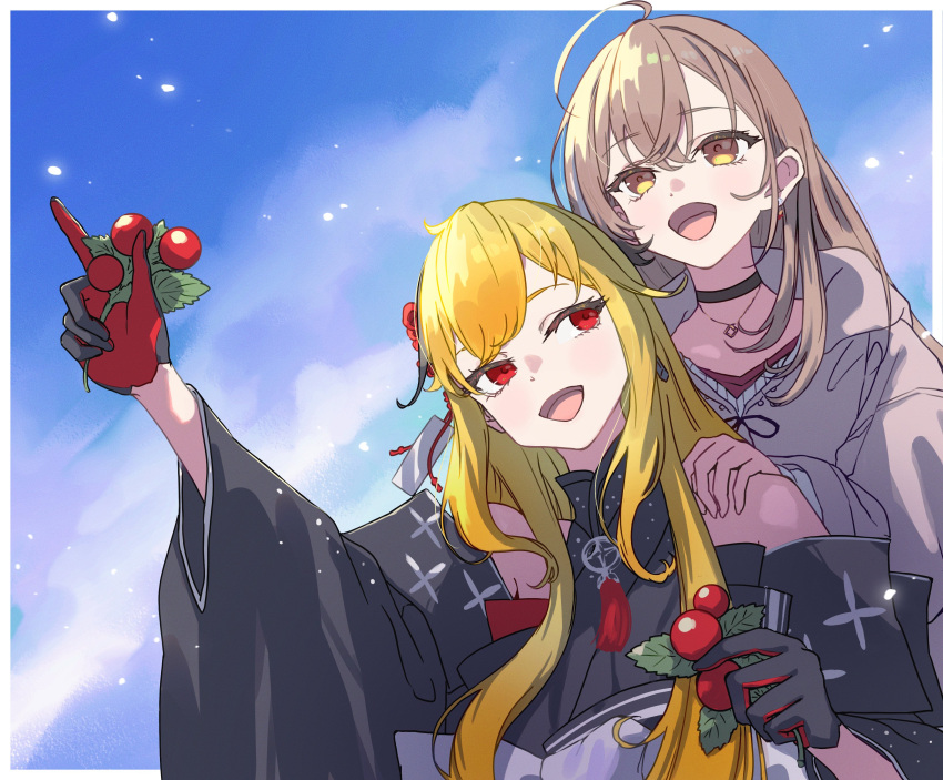 2girls :d absurdres ahoge berry black_choker black_kimono blonde_hair brown_eyes brown_hair brown_hoodie choker clouds cloudy_sky crossed_bangs earrings food-themed_earrings futomoy hand_on_another's_shoulder highres hololive hololive_english hololive_indonesia hood hoodie japanese_clothes jewelry kaela_kovalskia kaela_kovalskia_(2nd_costume) kimono light_particles long_hair looking_at_another multicolored_hair multiple_girls nanashi_mumei nanashi_mumei_(3rd_costume) necklace obi official_alternate_costume oversized_clothes pointing red_shirt ribbon sash shirt sky sleeveless sleeveless_kimono smile streaked_hair sweater tassel two-tone_gloves very_long_hair virtual_youtuber white_sweater wide_sleeves