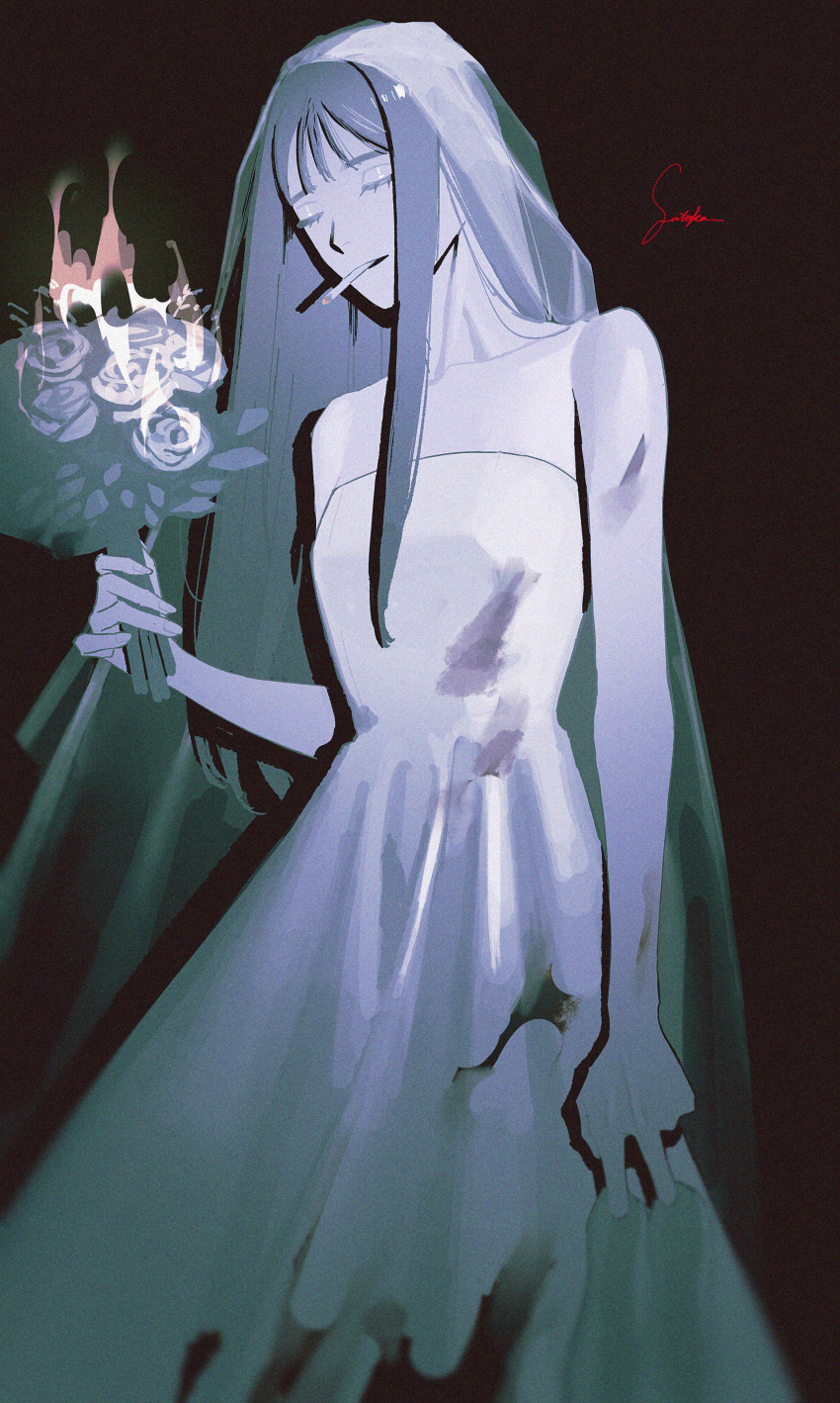 1girl absurdres bare_shoulders black_background bouquet cigarette closed_eyes dress fire flower grey_hair highres holding holding_bouquet long_hair original rose shadow signature simple_background solo strapless strapless_dress veil white_dress yomiya_sateko