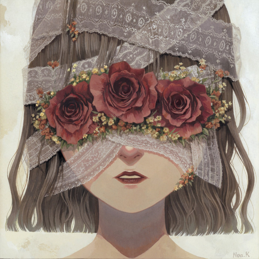 1girl artist_name blunt_ends covered_eyes facing_viewer flower highres katakuse_noa original parted_lips portrait red_flower red_rose rose shadow solo white_background yellow_flower