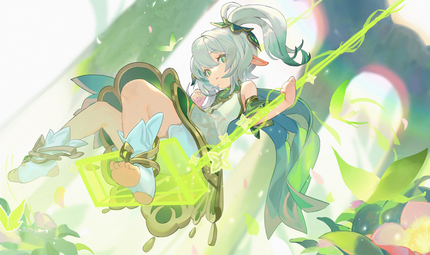 1girl arch cape cross-shaped_pupils detached_sleeves dress from_below full_body genshin_impact gold_trim gradient_hair green_cape green_eyes green_hair green_sleeves highres leaf looking_at_viewer medium_hair multicolored_hair nahida_(genshin_impact) parted_lips pointy_ears px2011 side_ponytail sitting sleeveless sleeveless_dress soles solo stirrup_footwear sunlight swing symbol-shaped_pupils toeless_footwear toes white_dress white_footwear white_hair