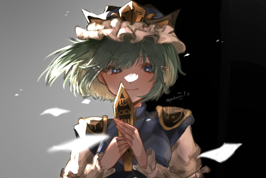 1girl black_background blue_eyes blue_headwear blue_vest blush breasts closed_mouth commentary epaulettes frilled_hat frills green_hair grey_background hair_between_eyes hat highres long_bangs long_sleeves looking_at_viewer one-hour_drawing_challenge pukuno rod_of_remorse shiki_eiki shirt short_hair small_breasts smile solo touhou twitter_username two-tone_background upper_body vest white_shirt wind