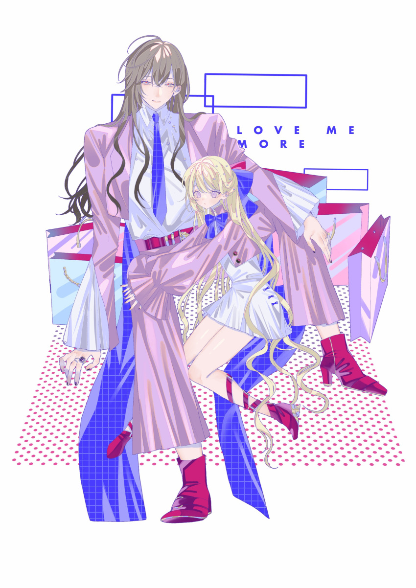 1boy 1girl absurdres age_difference ahoge bag belt bishounen black_nails blonde_hair boots collared_shirt cropped_jacket dress english_text expressionless full_body grey_hair hair_ornament high_heel_boots high_heels highres jacket jewelry long_hair msa_(fary_white) necktie open_clothes open_jacket original pants purple_jacket purple_pants red_footwear red_pupils ring shirt shopping_bag sitting slit_pupils very_long_hair violet_eyes white_dress white_eyes white_shirt