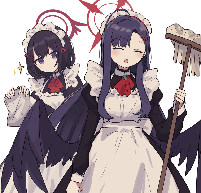 2girls :o ^_^ alternate_costume apron ascot black_choker black_hair black_wings blue_archive choker closed_eyes commentary_request enmaided feathered_wings frilled_apron frills hair_ornament hairclip halo highres holding holding_mop ichika_(blue_archive) long_hair long_sleeves looking_at_viewer maid maid_apron maid_headdress mashiro_(blue_archive) mop multiple_girls parted_bangs pendant_choker rag sidelocks simple_background violet_eyes white_apron white_background wings wotakana_s