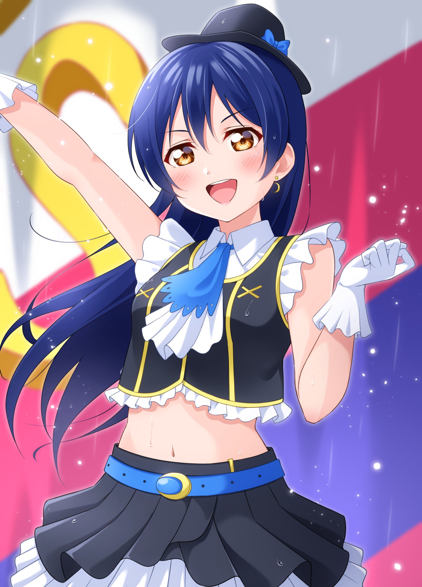 1girl absurdres belt blue_hair blush crop_top earrings gloves hair_between_eyes haruharo_(haruharo_7315) hat highres jewelry long_hair looking_at_viewer love_live! love_live!_school_idol_project midriff navel open_mouth outstretched_arms rain skirt sleeveless smile solo sonoda_umi stomach wet wet_clothes white_gloves yellow_eyes