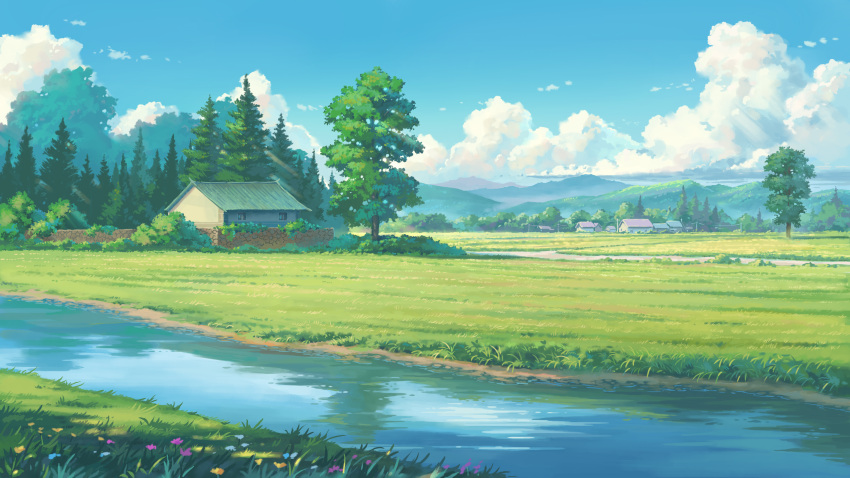 absurdres blue_sky brick_wall bush chinese_commentary clouds day didikaka dirt_road field flower forest grass highres house landscape mountain mountainous_horizon nature no_humans original outdoors river road rural scenery sky summer tree utility_pole