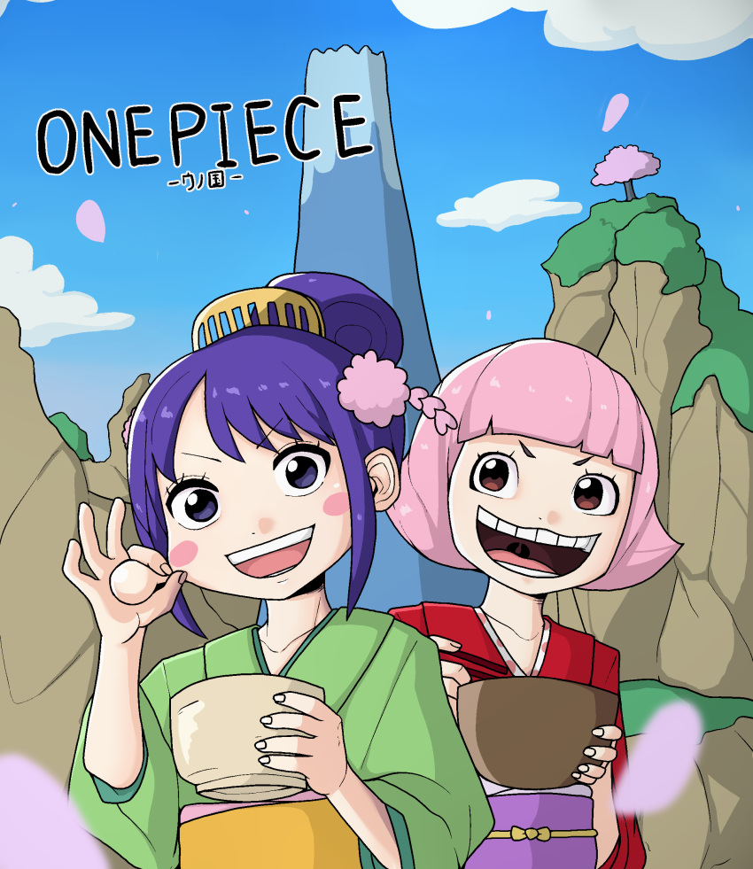 2girls absurdres clouds hair_ornament highres japanese_clothes kimono looking_at_viewer multiple_girls oddman1234 one_piece open_mouth pink_hair purple_hair short_hair smile tama_(one_piece) toko_(one_piece)