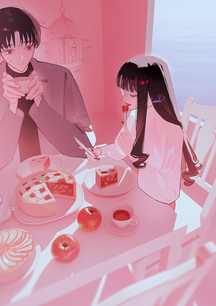 1boy 1girl absurdres apple apple_pie black_hair black_nails black_shirt cage chair closed_eyes cup eating food fork fruit grey_shirt highres knife long_hair long_sleeves mole mole_under_eye original pie plate red_eyes shirt short_hair signature smile snake table white_shirt yomiya_sateko