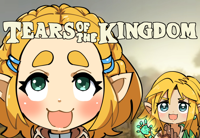 1boy 1girl blonde_hair blue_eyes blush braid commentary_request copyright_name crown_braid glowing glowing_hand gram_9 green_eyes highres link medium_hair open_mouth pointy_ears portrait princess_zelda short_hair smile the_legend_of_zelda the_legend_of_zelda:_tears_of_the_kingdom thick_eyebrows