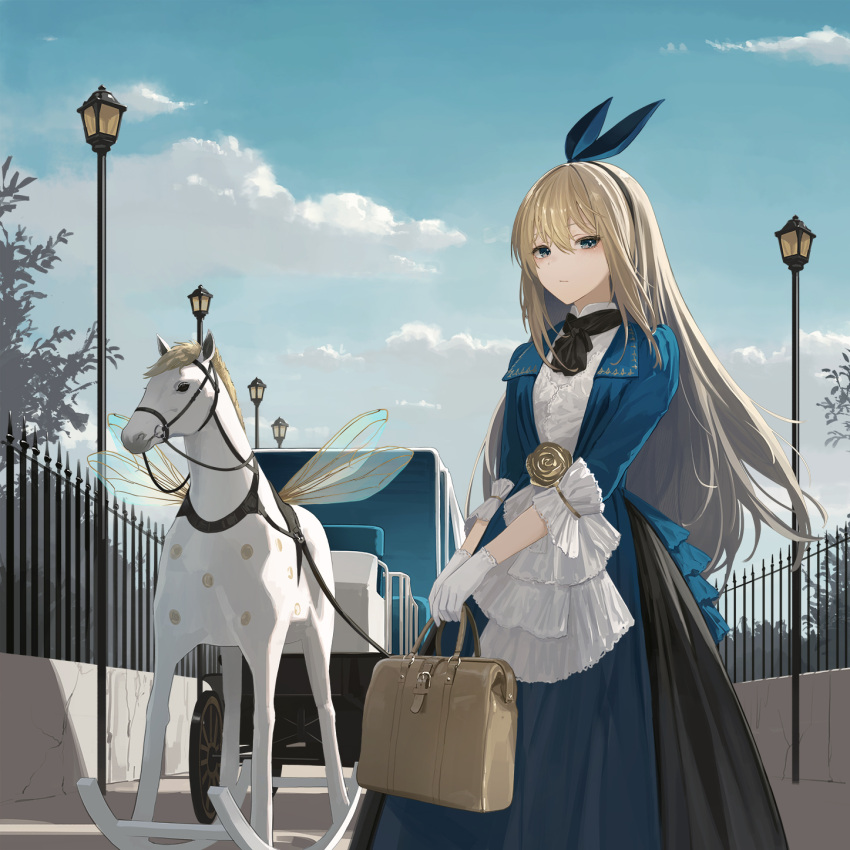 1girl alice_(alice_in_wonderland) alice_in_wonderland bag black_dress blue_dress clouds dress fence gloves handbag highres holding holding_bag lamppost light_frown long_hair looking_at_viewer outdoors rocking_horse sky solo wakuseiy white_gloves
