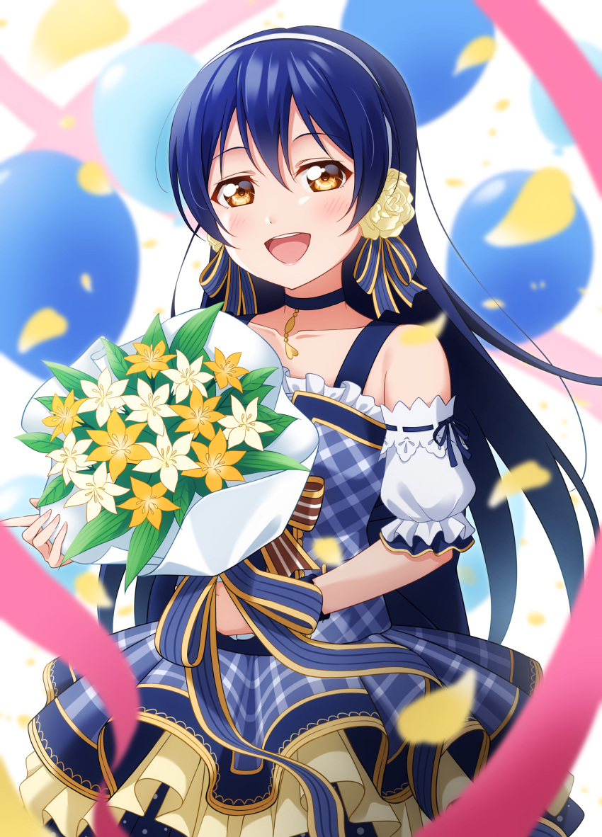 1girl absurdres arm_cuffs balloon blue_eyes blue_hair blue_ribbon blurry blurry_foreground blush bouquet commentary cowboy_shot dress flower gold_trim hair_between_eyes hair_flower hair_ornament hair_ribbon hairband haruharo_(haruharo_7315) highres holding holding_bouquet layered_dress long_hair looking_at_viewer love_live! love_live!_school_idol_project open_mouth orange_hair pink_ribbon pleated_skirt ribbon simple_background skirt smile solo sonoda_umi teeth upper_teeth_only white_background white_flower
