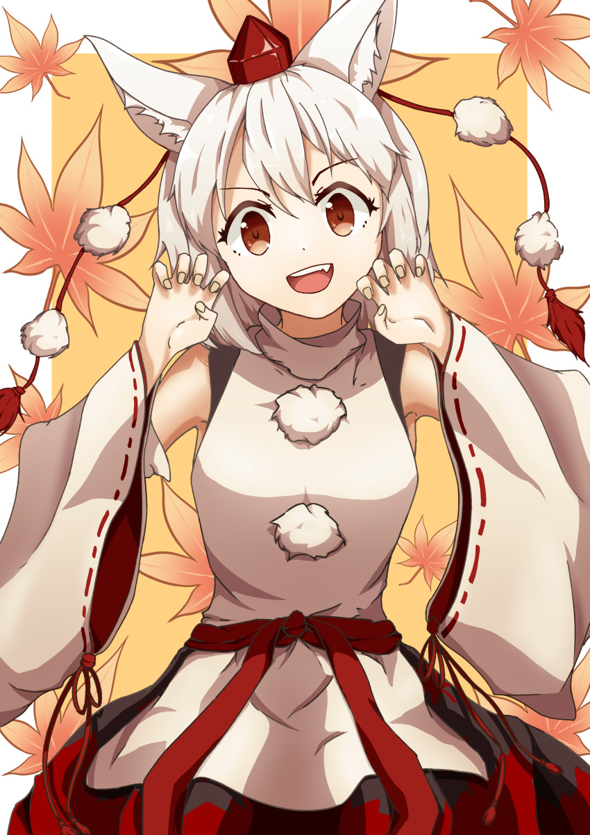 1girl :d absurdres animal_ear_fluff animal_ears armpits bare_shoulders border claw_pose fang fingernails hat highres inubashiri_momiji leaf maple_leaf petals red_eyes red_skirt ribbon-trimmed_sleeves ribbon_trim shirt short_hair skirt smile solo tobi_(user_pyca7485) tokin_hat touhou upper_body white_border white_hair white_shirt white_sleeves wolf_ears wolf_girl yellow_background