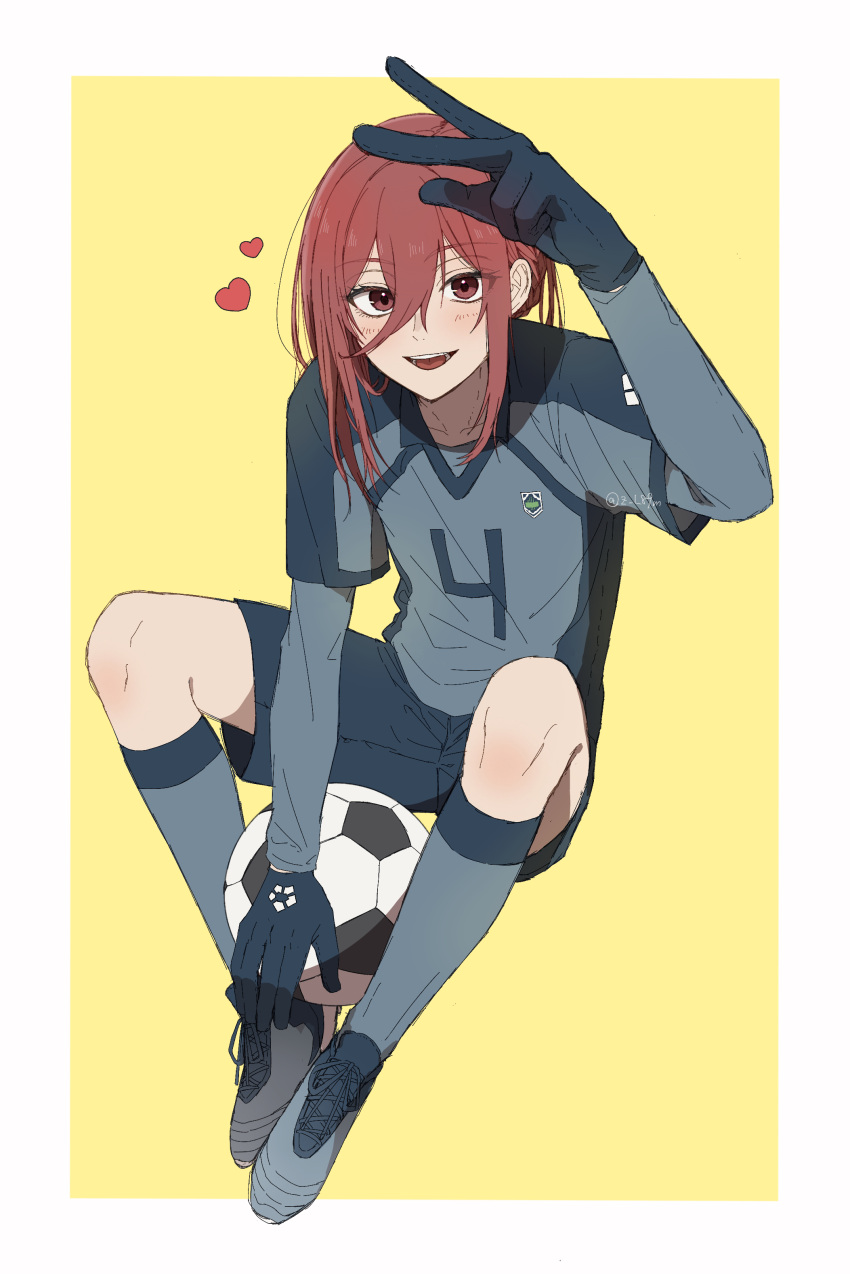 1boy absurdres arm_up ball blue_footwear blue_gloves blue_lock blue_shirt blue_shorts chigiri_hyoma full_body gloves highres knees_up long_hair long_sleeves looking_at_viewer male_focus open_mouth red_eyes redhead shinonome_kanon_(z_l89m) shirt shoes shorts sitting smile soccer_ball soccer_uniform socks solo sportswear yellow_background
