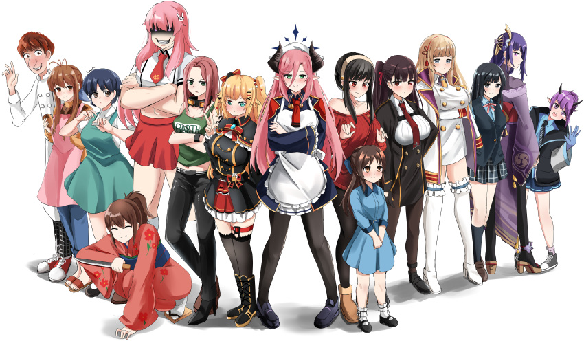 1boy 6+girls ^_^ abs absurdres alfredo_linguini antenna_hair apron arknights art_shift b_hogam baka_to_test_to_shoukanjuu black_footwear black_hair black_pants black_pantyhose black_serafuku black_thighhighs blonde_hair blue_archive blue_dress blue_gloves blunt_bangs bow braid braided_bun brown_eyes brown_hair character_request chef clannad closed_eyes commentary copyright_request crossed_arms crossover demon_girl demon_horns dress english_commentary forehead frilled_apron frills full_body furukawa_sanae genshin_impact gloves goggles goggles_around_neck green_apron green_eyes grey_eyes hair_between_eyes hair_bobbles hair_bow hair_bun hair_ornament hair_ribbon hairband hairclip halo height_difference hibiscus_(arknights) high_heels highres himeji_mizuki holding holding_knife horns idolmaster idolmaster_cinderella_girls idolmaster_cinderella_girls_u149 incredibly_absurdres japanese_clothes juri_(blue_archive) key_(company) kimono kitchen_knife knife long_hair long_sleeves looking_at_viewer low_ponytail medium_hair mitsudomoe_(shape) multiple_crossover multiple_girls muscular muscular_female navel necktie obi one_side_up pants pantyhose parted_bangs pink_apron pink_hair pointy_ears ponytail purple_hair rabbit_hair_ornament raiden_shogun ratatouille red_eyes red_necktie red_skirt ribbon sandals sash school_uniform serafuku shaded_face shoes short_hair short_sleeves sidelocks simple_background single_braid size_difference skirt sneakers spy_x_family squatting standing stomach suspender_skirt suspenders tachibana_arisu thigh-highs thighlet tomoe_(symbol) trait_connection two_side_up v violet_eyes waist_apron waving white_background white_headwear white_thighhighs wide_sleeves wristband yor_briar yukata zettai_ryouiki