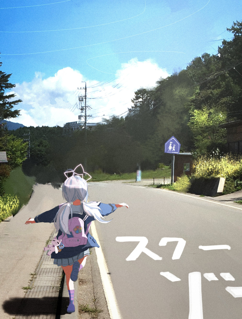 1girl absurdres backpack bag bag_charm blue_archive blue_coat blue_hair blue_sky building charm_(object) coat commentary day foot_up from_behind full_body grey_skirt halo highres long_hair long_sleeves low_twintails multicolored_hair norio_(norio386) outdoors outstretched_arms photo_background pink_bag pink_hair power_lines reisa_(blue_archive) road road_sign running sailor_collar shadow sign skirt sky socks solo spread_arms striped striped_socks stuffed_toy tree twintails two-tone_hair utility_pole white_sailor_collar wide_shot