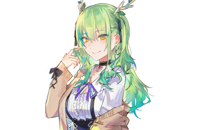 1girl absurdres antlers black_choker blush bow braid branch breasts cardigan ceres_fauna ceres_fauna_(3rd_costume) choker earrings flower frills green_hair hair_flower hair_ornament hair_ribbon heart heart_choker highres hololive hololive_english jewelry long_hair long_sleeves lucadark_art mole mole_under_eye multicolored_hair official_alternate_costume official_alternate_hairstyle open_cardigan open_clothes pink_nails purple_ribbon ribbon shirt smile solo suspenders twintails virtual_youtuber white_background white_shirt yellow_eyes