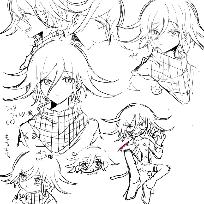 1boy :d buttons danganronpa_(series) danganronpa_v3:_killing_harmony double-breasted flipped_hair greyscale hair_between_eyes highres jacket looking_at_viewer male_focus medium_hair monochrome multiple_views oma_kokichi pants plaid plaid_scarf pout scarf sketch smile teeth translation_request upper_teeth_only wa_noko