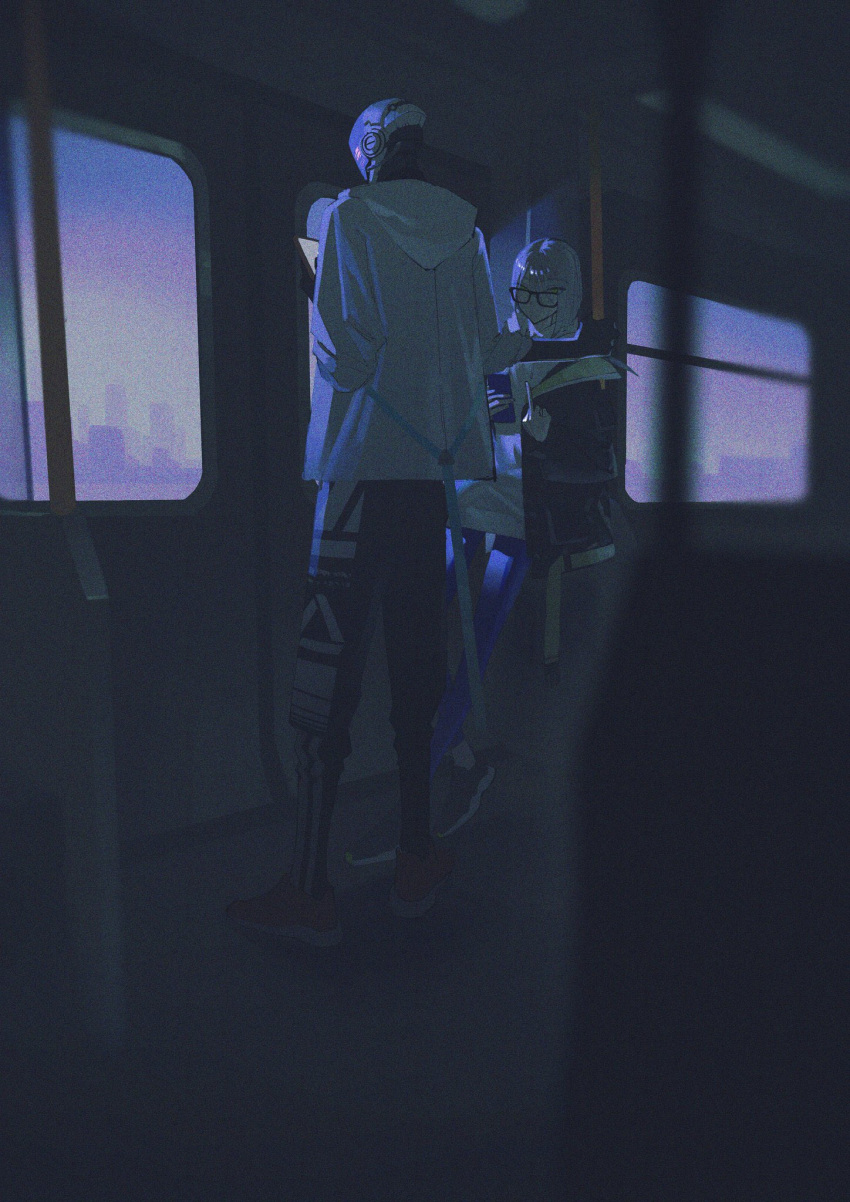 1girl cup glasses highres holding holding_cup leaning limited_palette long_sleeves middle_finger original short_hair standing train_interior wide_shot window yomiya_sateko