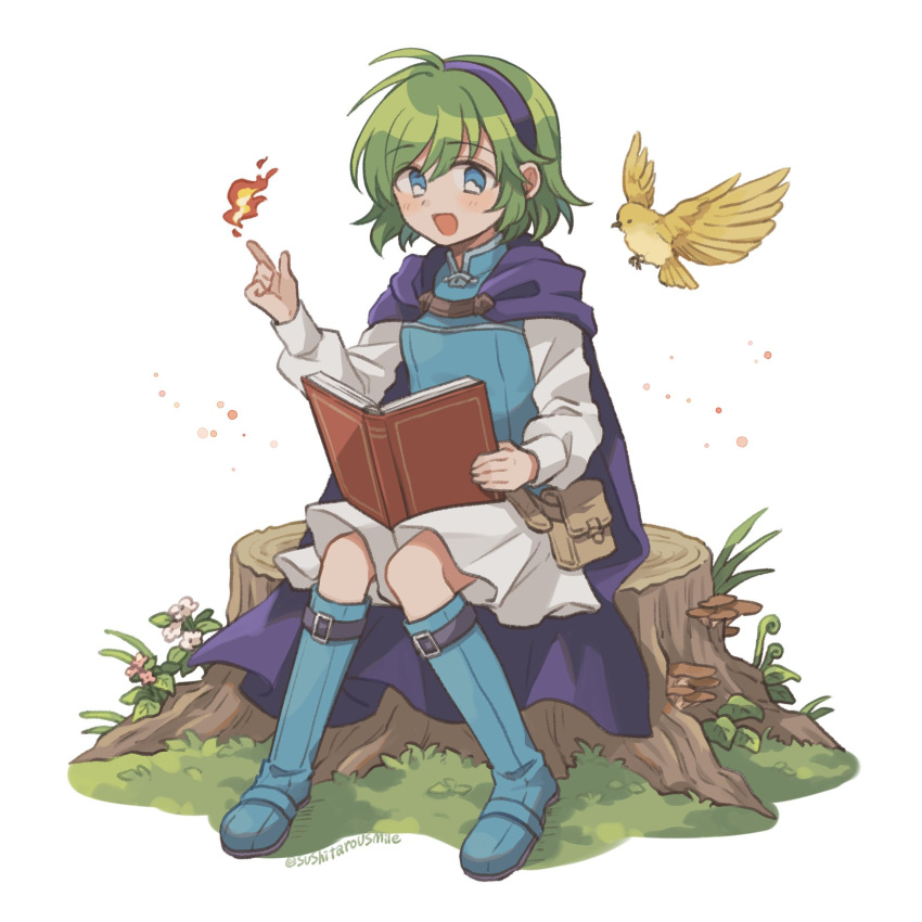1girl :d belt bird blue_eyes blue_footwear blush_stickers book boots cape fire fire_emblem fire_emblem:_the_blazing_blade green_hair hairband highres holding holding_book long_sleeves nino_(fire_emblem) open_book open_mouth osushiyasan pouch purple_cape purple_hairband shirt short_hair simple_background sitting skirt smile solo white_background white_shirt white_skirt