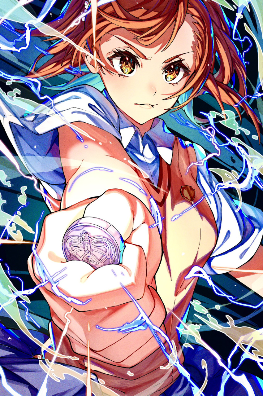 &gt;:( 1girl black_skirt blue_background breasts brown_eyes brown_hair brown_sweater_vest clenched_hand closed_mouth coin collared_shirt colored_inner_hair dynamic_pose electricity electrokinesis floating_hair gradient_eyes highres holding holding_coin holding_weapon lightning lips misaka_mikoto multicolored_eyes multicolored_hair outstretched_arm parted_bangs pov satomaru31000 school_uniform shirt short_hair short_sleeves skirt small_breasts solo summer_uniform sweater_vest toaru_kagaku_no_railgun toaru_majutsu_no_index tokiwadai_school_uniform upper_body v-shaped_eyebrows weapon white_shirt