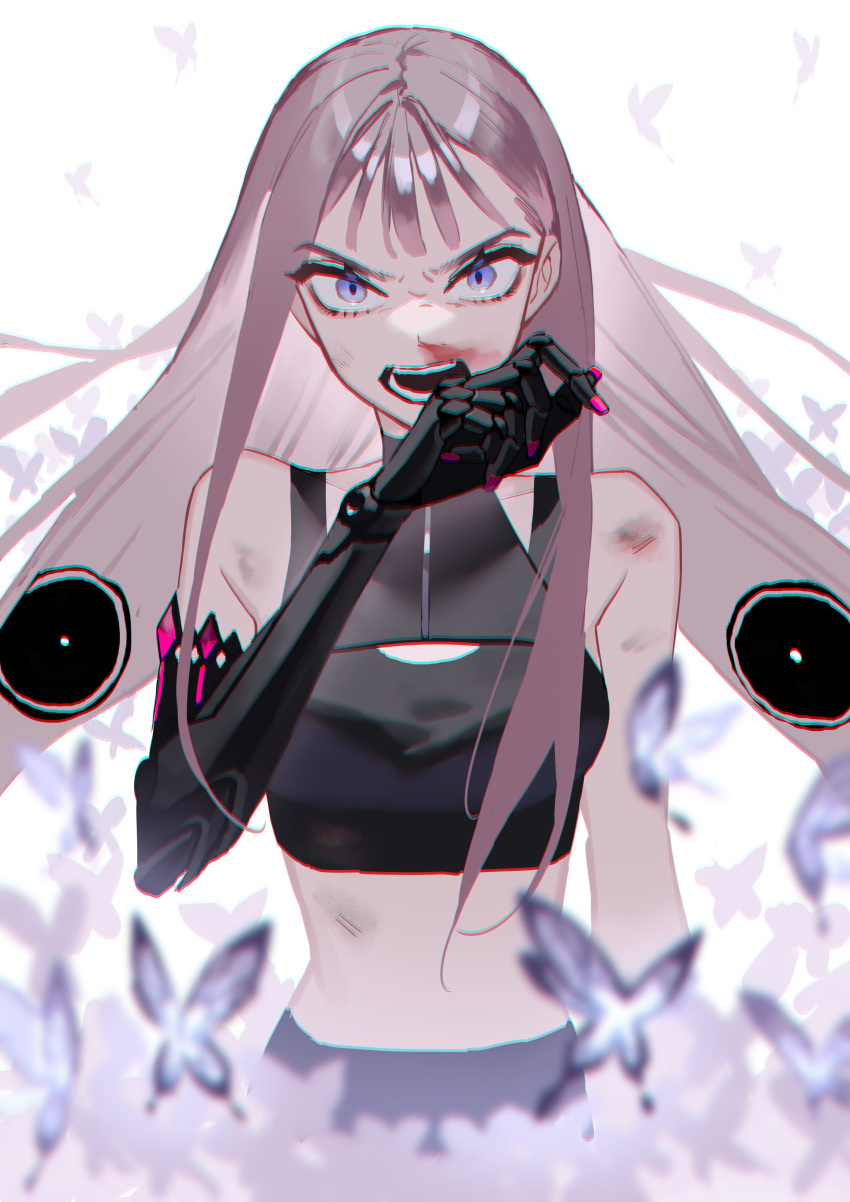 1girl absurdres black_bra blood blue_eyes bra bug butterfly chromatic_aberration highres looking_at_viewer mechanical_arms nosebleed open_mouth original pink_nails single_mechanical_arm solo underwear upper_body white_background yomiya_sateko